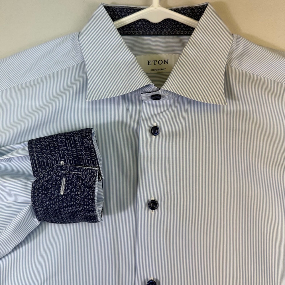 Eton Dress Shirt Mens 17 43 Blue Striped Contemporary Fit Poplin Contrast Cuff